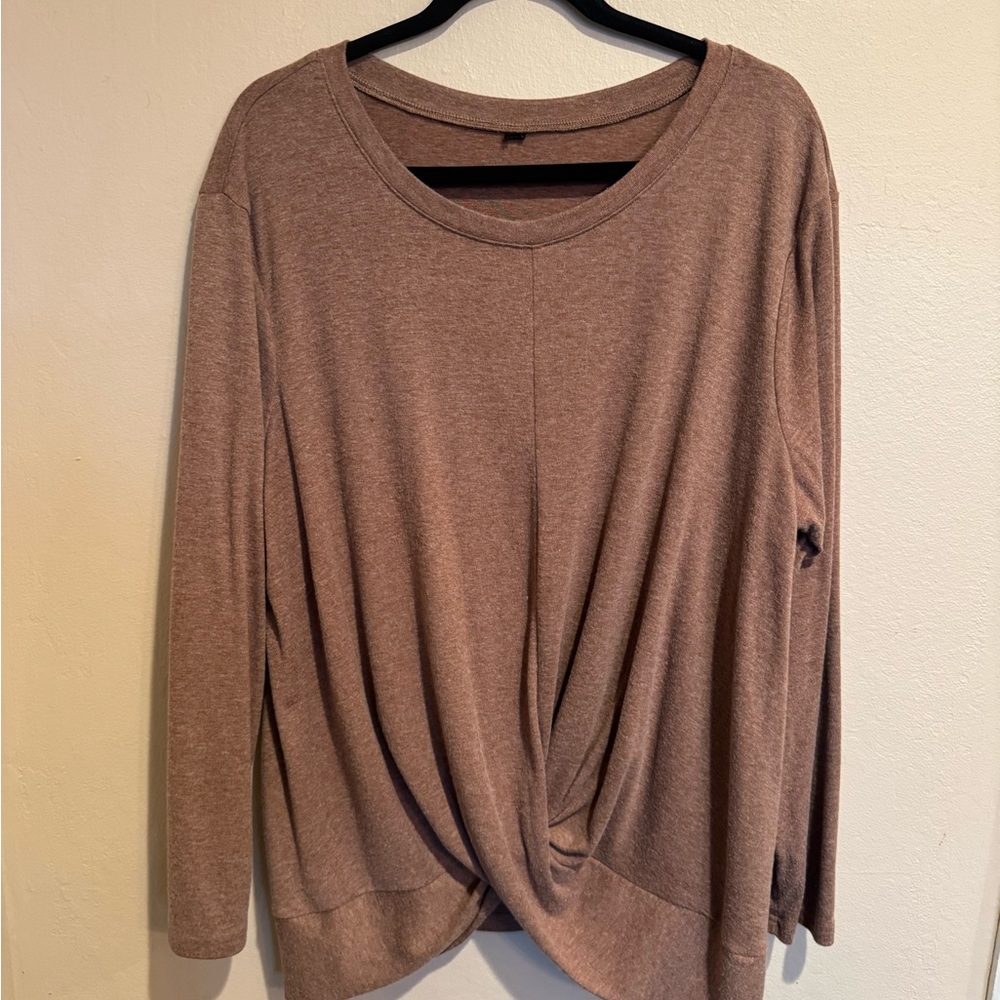Source Unknown Twist-Front Long Sleeve Top - Taupe Brown